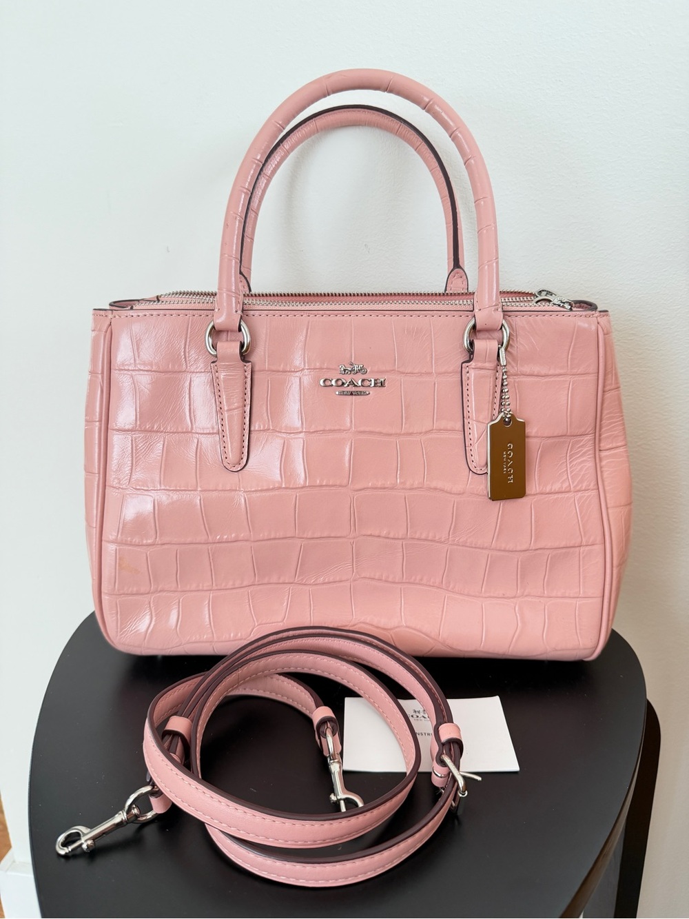Unique Coach Surrey Satchel | Baby Pink Croc-Embossed Leather